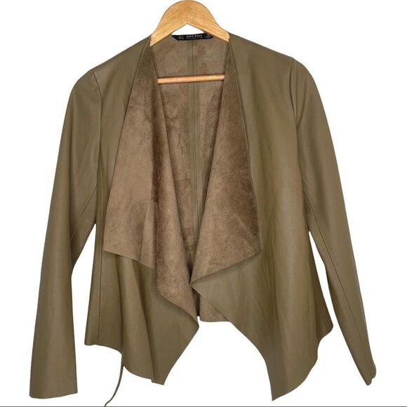 Zara Olive Green Faux Leather Open-front Super Soft Easy-to-wear Jacket - Picture 1 of 7